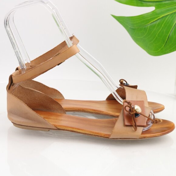 Borsalino Womens Sandals Size 41 10 Tan Leather Ankle Strap Boho Shoe Italy Made - Picture 4 of 12
